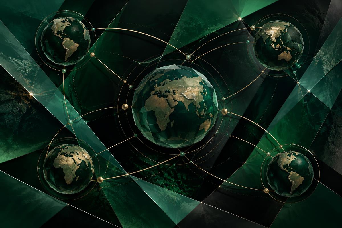 Connected emerald worlds representing multipolar leadership
