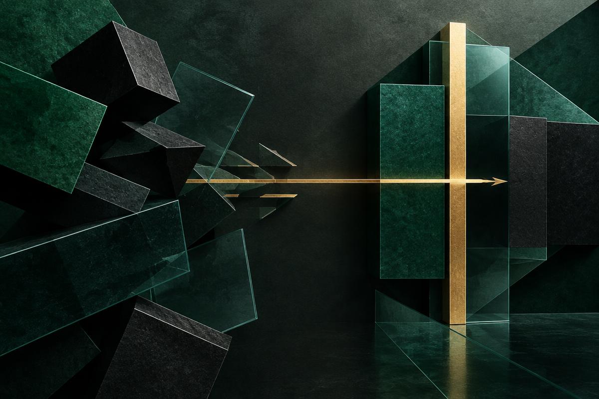 Emerald geometric forms aligning around a clear gold axis