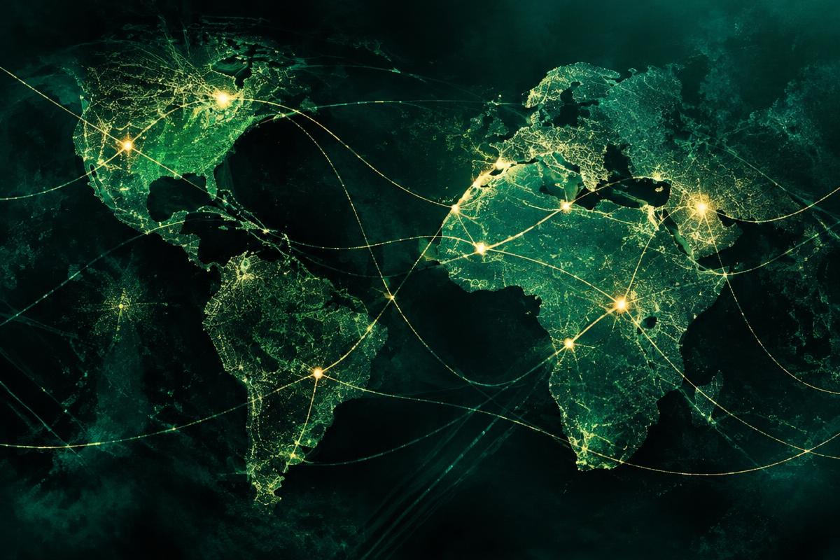 Emerald global trade routes connecting abstract continental forms
