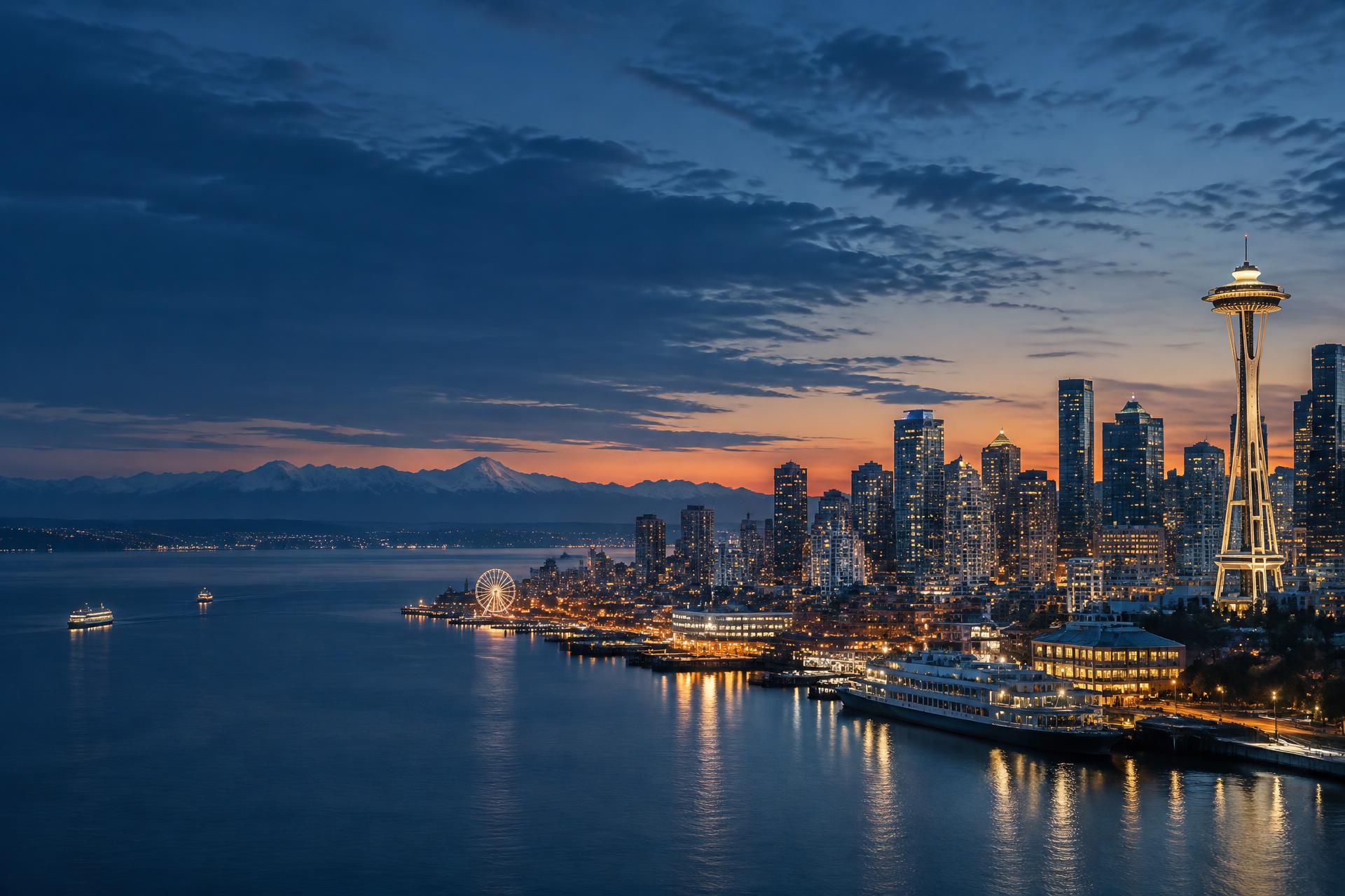 Seattle skyline and Puget Sound at blue hour